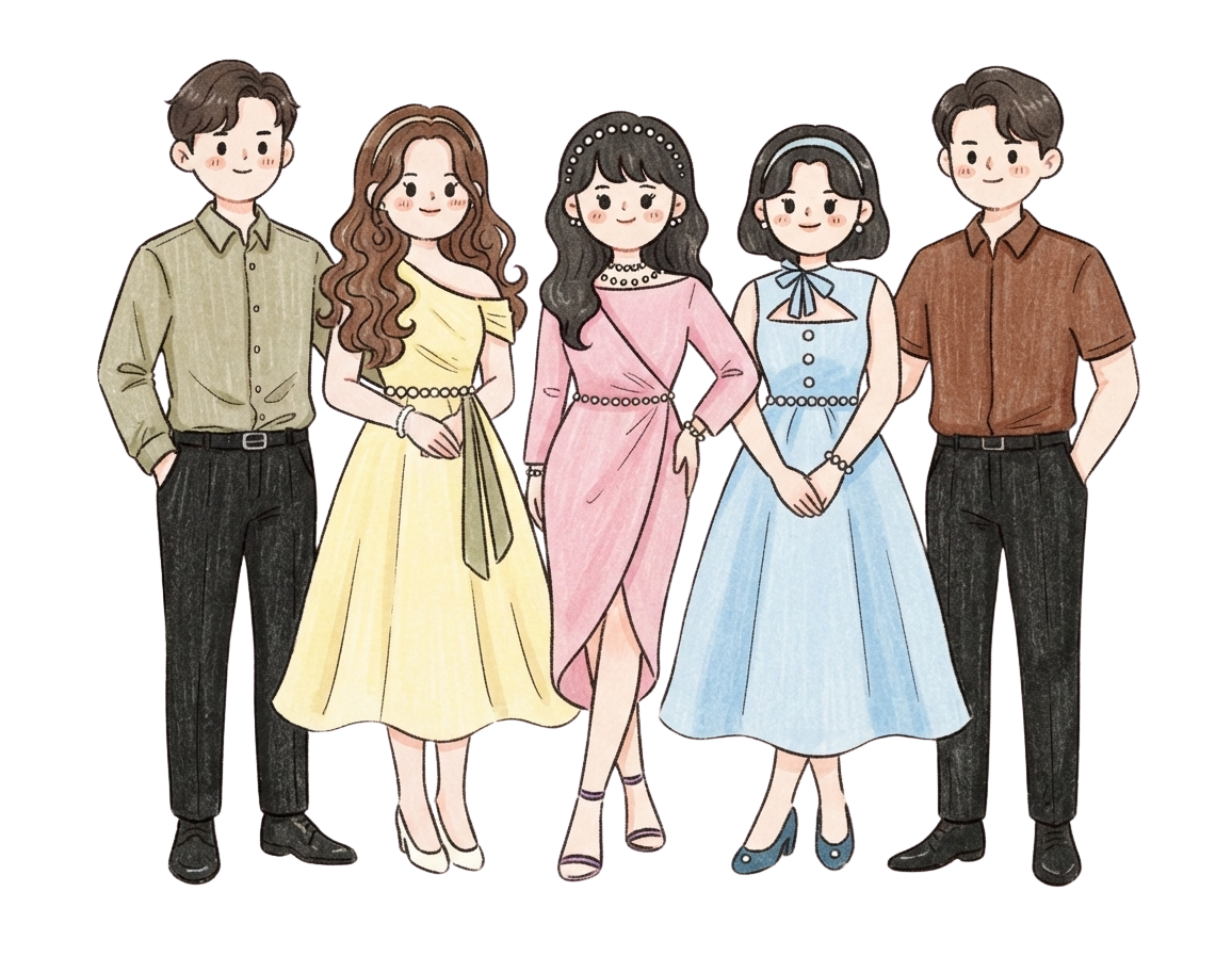 Five guests modelling the preferred wedding attire